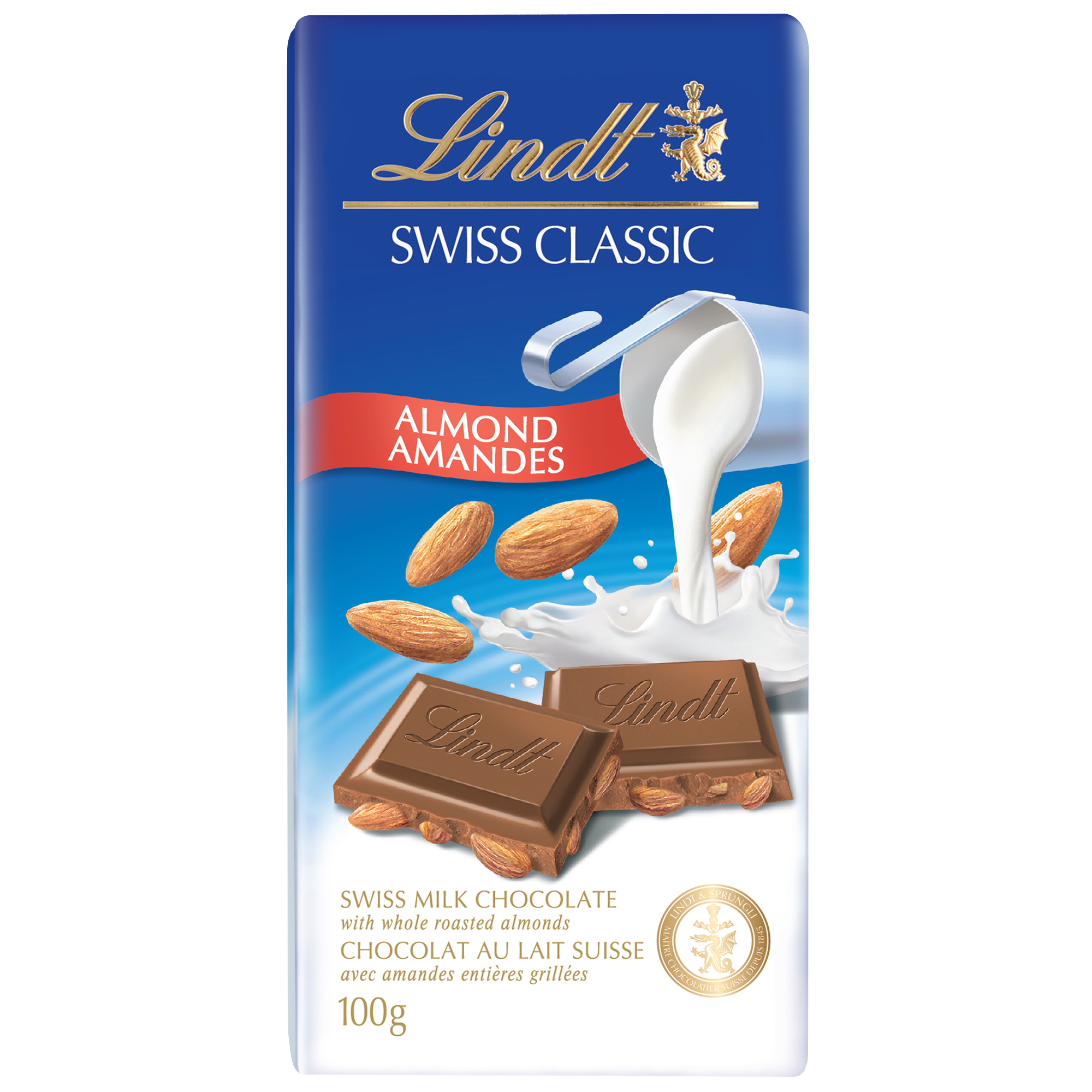 LINDT SWISS CLASSIC ALMOND CHOCOLATE BAR 100G	